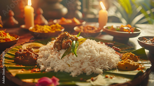 meals served on banana leaf, traditional south indian cuisine, hyperrealistic food photography