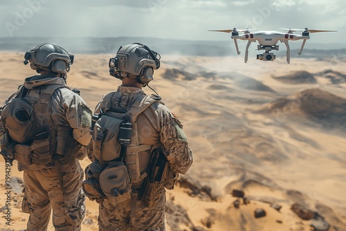 Two soldiers in the desert are flying drones equipped with cameras