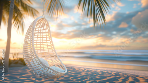 Hanging rattan chair on the beach with white sand, palm trees and blue sea
