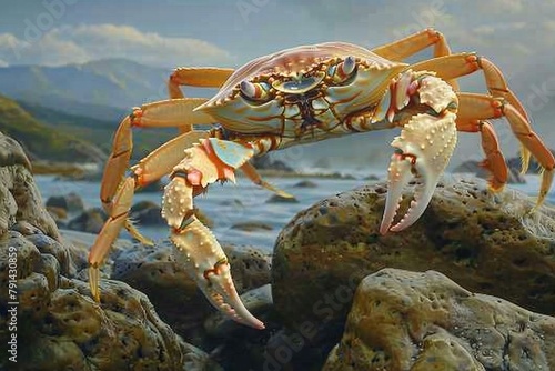 Crab on the rocks in the sea, illustration