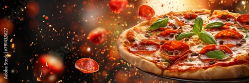 Pepperoni pizza with melting cheese, spicy pepperoni, and fresh basil leaves with fiery sparks in the background Represents indulgence and satisfaction