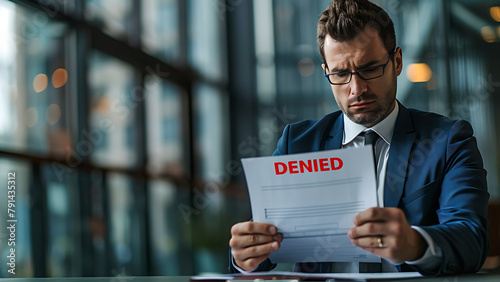 Businessman wearing suit and carrying rejected documents with stressed expression looking at rejected application.