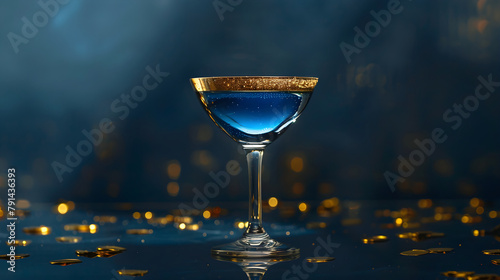 Colorful Bright Blue Cocktail Splashing Ice Into Martini Glass At Party On Dark Background. Selective Focus.
