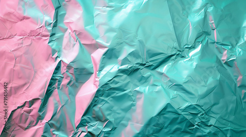 Crumpled paper background in cyan tone. Abstract architectural background and texture for design ,Turquoise crumpled aluminum foil texture background high contrasted, Wrinkled paper texture