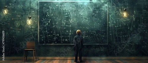 Dive into the world of mathematics with a 2D illustration of a mathematician solving complex equations on a chalkboard