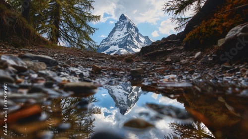 A reflection of a towering mountain peak is captured within the eyes crystal clear reflection. .