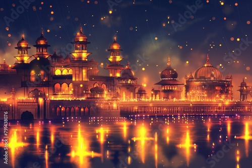 Digital art of an ornate historical palace at dusk with beautiful lighting and reflections