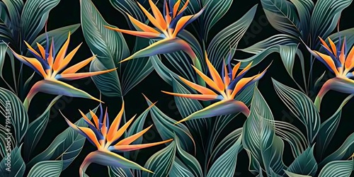 Seamless pattern, tropical strelitzia flowers, palm leaves in green color. 3d vintage illustration, dark background, premium texture, art. Luxury wallpaper, dark mural, cloth, curtains, Generative AI