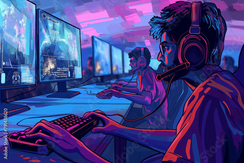 Digital illustration of focused Indian gamers participating in an immersive esports tournament