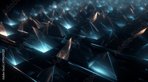 Rotating array of dark 3D prisms, tech minimalist style, hypnotic effect