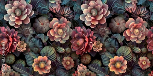 Floral fantasy seamless pattern with vintage exotic tropical flowers, hibiscus, protea, plumeria, cactus, leaves. 3d illustration. Magic abstract background. Luxury design for wallpaper, Generative AI
