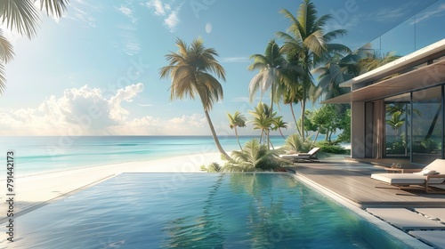A luxurious beachfront scene featuring sunbathing decks and a private swimming pool with palm trees close to the beach, providing a panoramic sea view from a luxurious house. This is a 3D rendering
