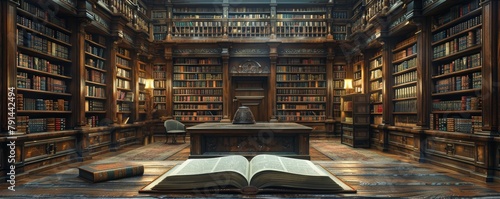 Elegant vintage library with wooden shelves and ancient books