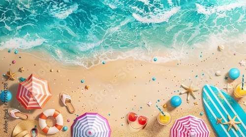 A top view of a beach background decorated with umbrellas, balls, a swim ring, sunglasses, surfboard, hat, sandals, juice, and a starfish on the sea shore