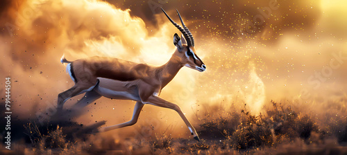 Gazelle running in savanna at sunset. Generative ai design concept art.