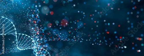 Sparkling DNA helix structure in blue and red. High-tech concept of genetic research, bioinformatics, and computational biology. Abstract visualization with bokeh effect and dynamic particles.