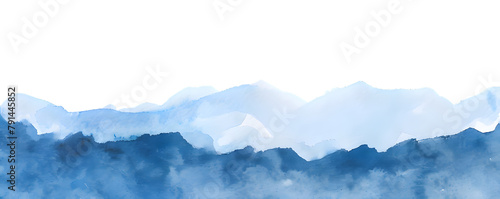 Hand drawn blue watercolor mountains landscape isolated on transparent background
