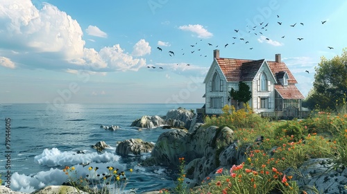 A charming coastal cottage perched atop a windswept cliff, its weathered shingles and brightly painted shutters standing in defiance of the crashing waves below. 