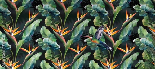 strelitzia flowers seamless pattern tropical background luxury wallpaper exotic green leaves hummingbird watercolor dark vintage 3d illustration premium mural tapestry cloth printing, Generative AI