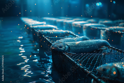 A bustling fish farm with rows of tanks teeming with aquatic life, showcasing aquaculture in action amidst a thriving ecosystem