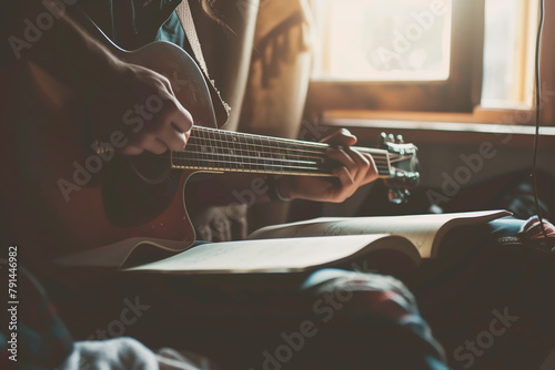 Songwriter or musician composing new songs and lyrics while sitting with his guitar and book, writing chords. Shallow field of view.