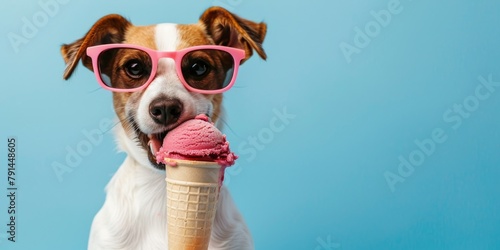 Cute dog in sunglasses eats ice cream. Puppy with ice cream. Summer background with pet and copy space