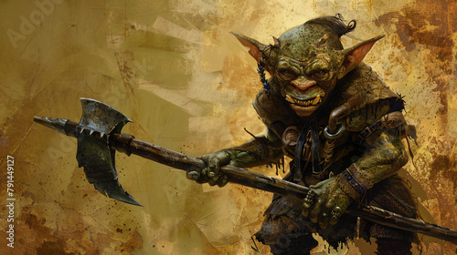 Digital painting of a primitive goblin with a war axe