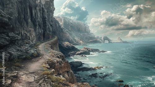 A pathway along a rugged coastline, with towering cliffs on one side and the endless expanse of the ocean on the other, a dramatic and awe-inspiring landscape.