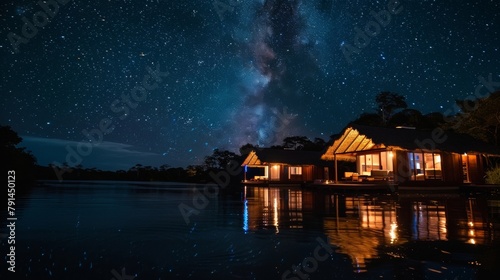 With a canopy of stars overhead the floating bungalows offer a perfect vantage point for stargazing and feeling at one with the rhythms of the universe. 2d flat cartoon.