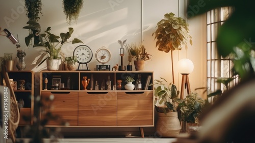 a modern living room interior design with plants ,plant filled bookshelf, with pots of various sizes and species arranged among books and decor