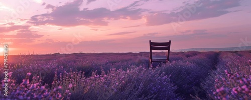 Serene lavender field at sunset with a solitary chair amidst blooming flowers