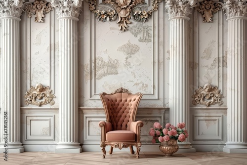 3d mural wallpaper Classic armchair in classic interior space.Walls with mouldings, ornate cornice Decorative columns and flowers, Generative AI