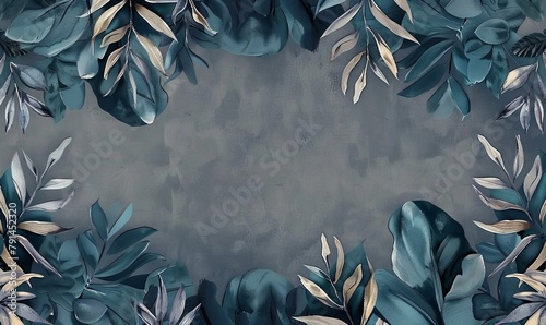 blue vintage tropical leaves in seamless border design premium wallpaper luxury silver grey background texture mural art 3d dark watercolor floral illustration golden beige subdued pink, Generative AI