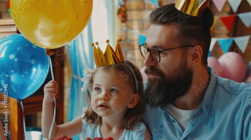Dad To Be. Celebrating Children's Day with Daughters: Balloon, Party Crowns, Festive Attire