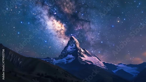 A majestic, snow-capped mountain range under a clear, starry sky.