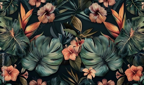Tropical seamless pattern with exotic leaves, strelitzia flowers, hibiscus and plumeria. Vintage texture, floral background. Dark watercolor 3d illustration. Luxury wallpapers, tapestry, Generative AI