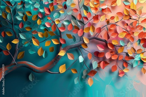Colorful tree with leaves on hanging branches illustration background. 3d abstraction wallpaper for interior mural wall art decor. Floral tree with multicolor leaves 3d, Generative AI