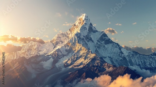 A majestic mountain peak bathed in sunlight, with a lens flare effect adding a sense of grandeur and scale to the scene.