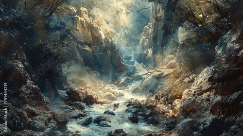 A beautiful painting of a mountain stream in a misty forest.