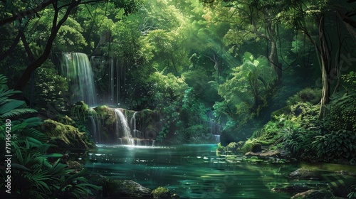 A lush, green forest with a hidden waterfall cascading into a tranquil pool.
