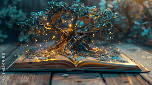 Enchanted magic fairytale book with fantasy scene 