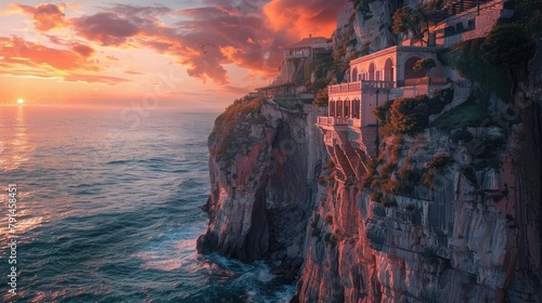 A cliffside villa perched precariously above the crashing waves, its weathered stone walls bearing witness to centuries of maritime tales. As the sun sets on the horizon, 