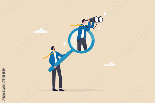 Search and discovery career opportunity, search for new job, find resource or job vacancy, support or career development advice, finding solution, businessman with magnifying glass help search job.