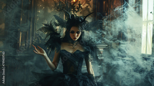 Fairy woman elf queen in black fantasy sexy dress dark