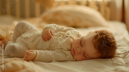 Sleeping Toddler in Soft Knitted Outfit. A young toddler naps peacefully in a knitted sweater, bathed in the glow of soft, natural light.