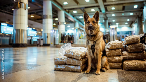 un chien des douanes pose à côté de la saisie de drogue du jour à l'aéroport