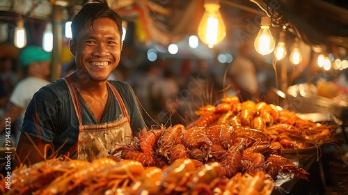 Asian male vendors laugh over delicious dishes at a Philippine market