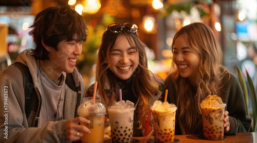 Friends sharing a laugh over the size of a giant Taiwanese bubble tea .