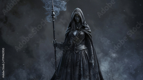 Fantasy cloaked wizard female posing with staff 
