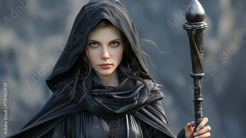 Fantasy cloaked wizard female posing with staff 